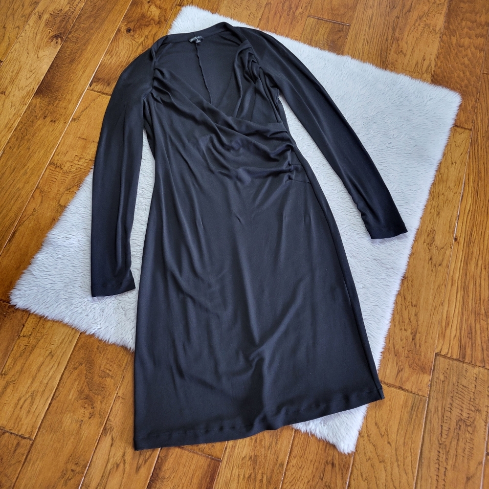 Lafayette 148 Wrap Dress Women's 10 Black Long Sleeve Stretch Slinky Career